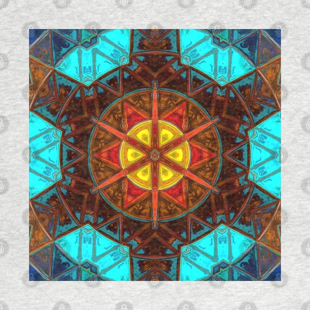 Mosaic Kaleidoscope Flower Blue Orange and Yellow by WormholeOrbital
